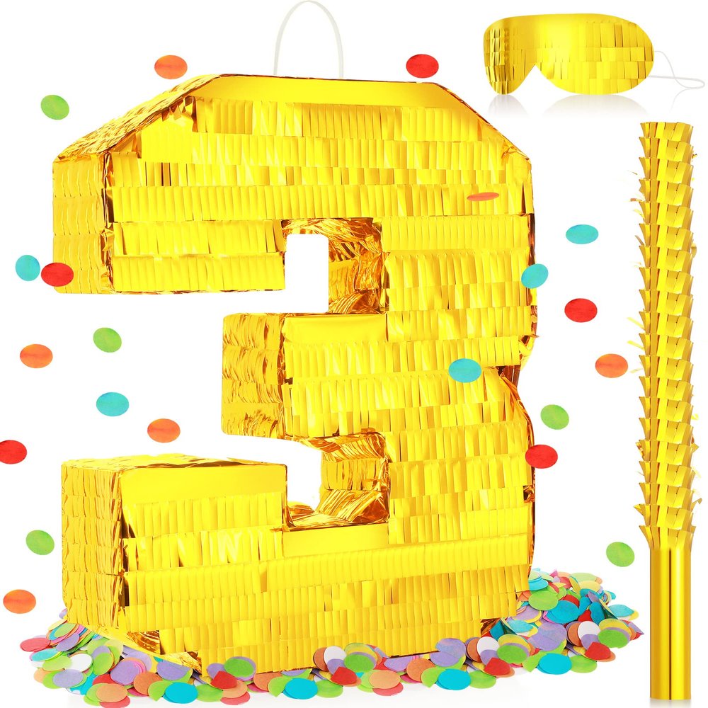 Sratte Piata Birthday Party Decorations Gold Foil Piata with Stick Blindfold Confetti for Boy Girl Birthday Anniversary Celebrations Fiesta Supplies(Number 3)