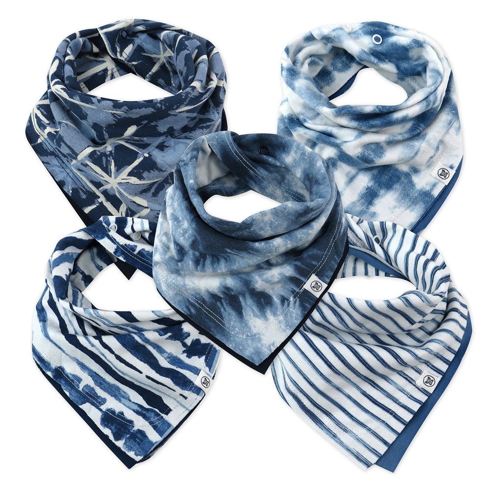 HonestBaby Boys Organic Cotton Bandana Drool Bib Multipack, 5-Pack Tie Dye Blues, One Size