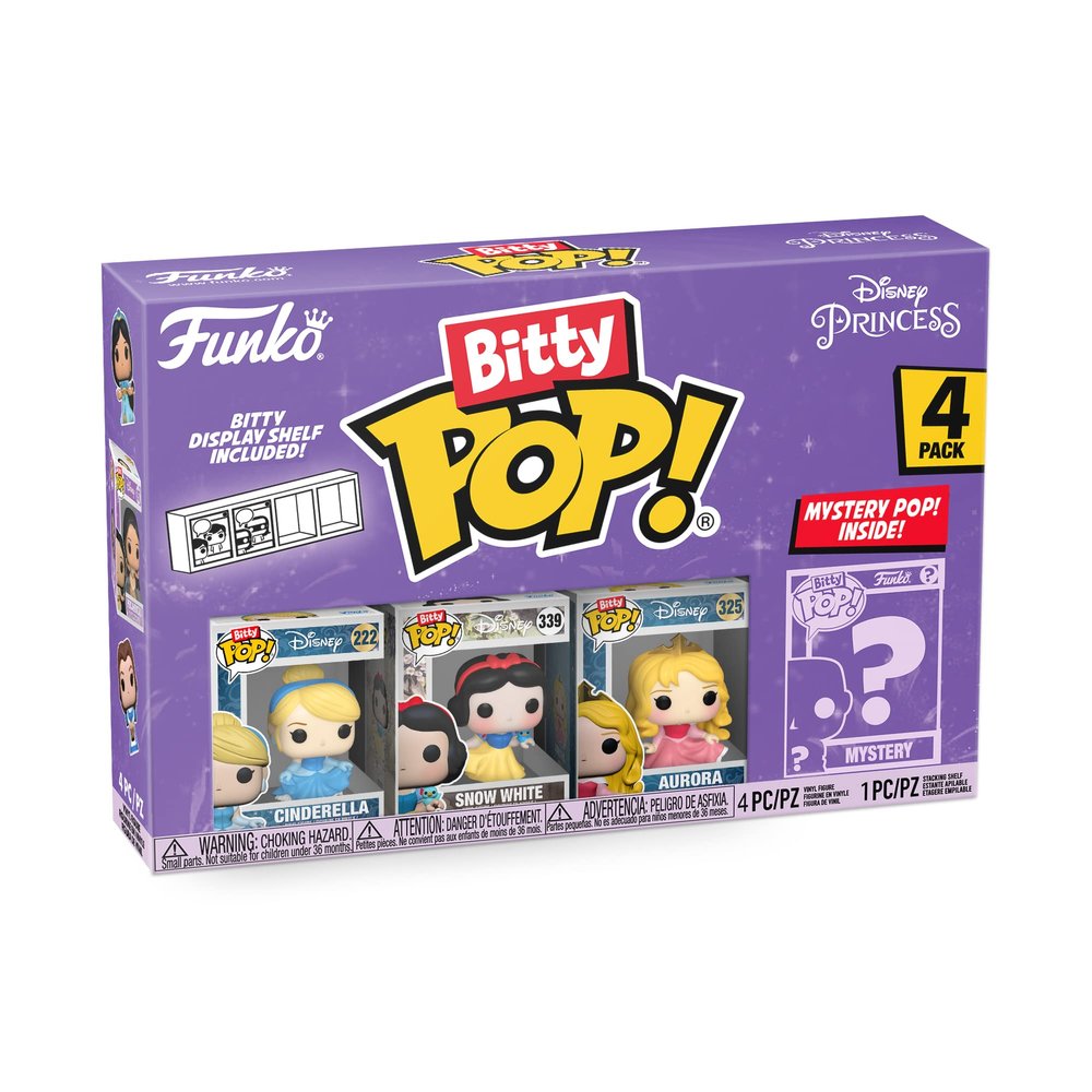 Funko Bitty Pop Disney Princesses - Cinderella, Snow White, Aurora and A Surprise Mystery Mini Figure - 0.9 Inch (2.2 Cm) Collectable - Stackable Display Shelf Included - Gift Idea