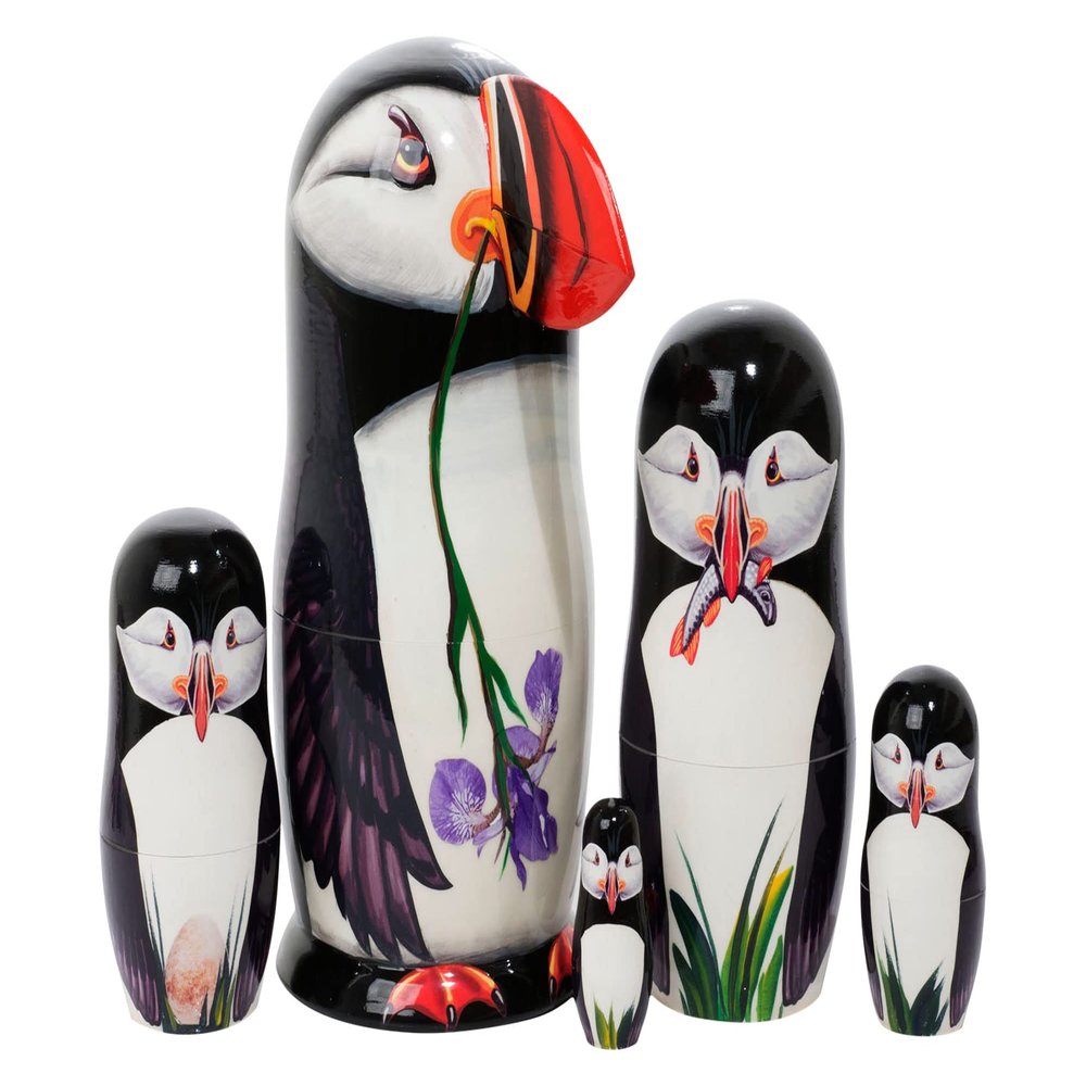 Golden Cockerel Making Amends Puffin Nesting Doll w/ 3D Beak 5pc./6" Atlantic Seabird Matryoshka