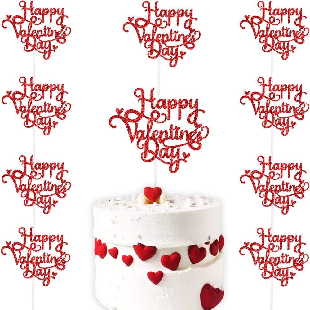 10pcs Happy Valentines Day Cake Topper Red Glitter Cake Topper Valentine's Day Cupcake Topper Heart Shaped Cake Picks Cake Accessories for Wedding Valentine's Day Gifts Cake Decoration Party