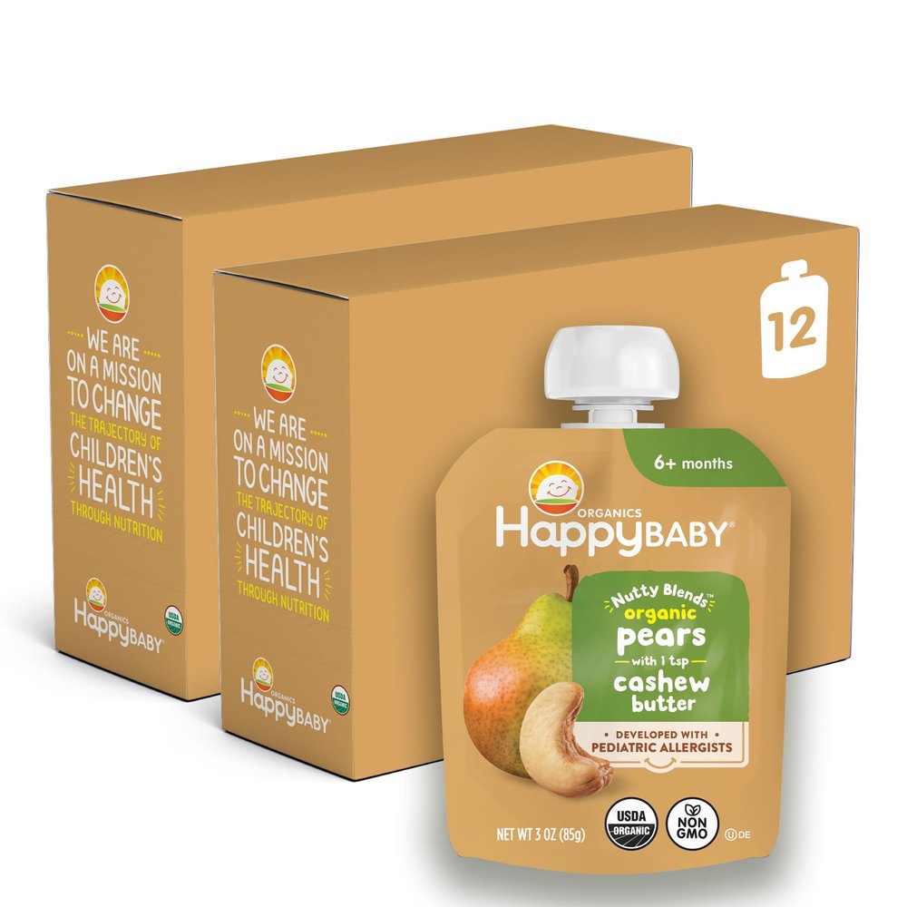 Happy Baby Organics Stage 2 Baby Food Pouches, Gluten Free, Vegan Snack, Nutty Blends, Pears & Cashew Butter, 3 Ounce (Pack of 12)