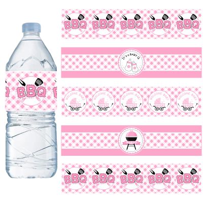 24PCS BBQ Baby Shower Water Bottle Labels, Barbecue Baby Shower Waterproof Self Adhesive Water Bottle Labels for Cookout BBQ Babyq Shower Decorations Girl Pink