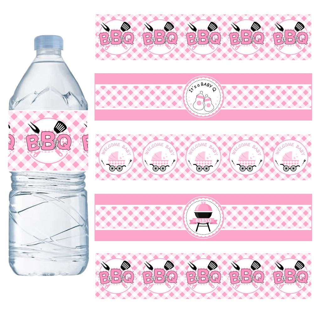 24PCS BBQ Baby Shower Water Bottle Labels, Barbecue Baby Shower Waterproof Self Adhesive Water Bottle Labels for Cookout BBQ Babyq Shower Decorations Girl Pink