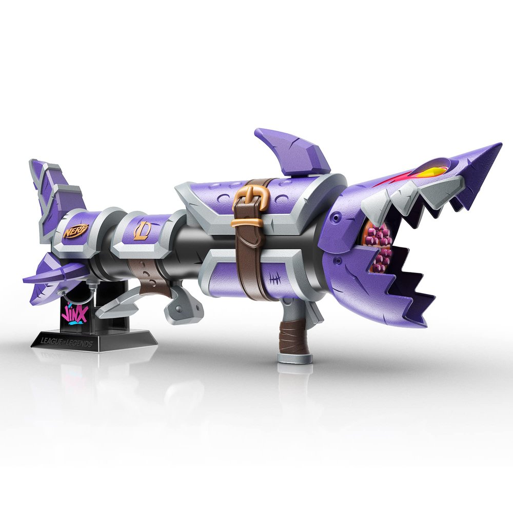 (HASBRO) Nerf Limited League of Legends Zinc Fishbone Blaster, Drum Loading 18 Darts, 18 Nerf Elite Darts, Launches 3 Darts, Includes Display Stand, Fully Made to Order F6382