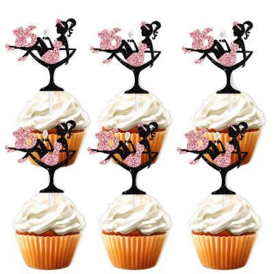 18pcs Pink Glitter 16 Silhouette High Heeled Sitting Girl Cupcake Topper Makeup Spa Theme Party Decoration Supplies Girl Lady 16th Happy Birthday Party Decor Supplies