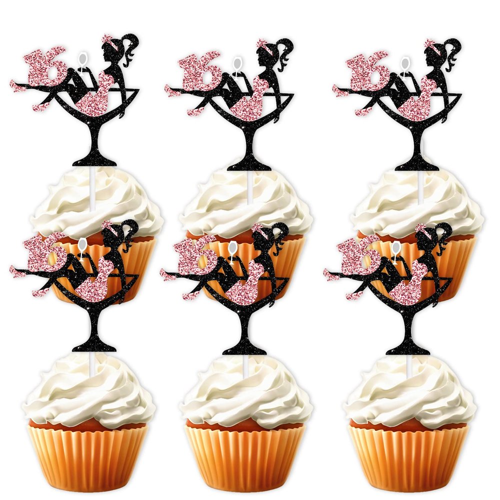 18pcs Pink Glitter 16 Silhouette High Heeled Sitting Girl Cupcake Topper Makeup Spa Theme Party Decoration Supplies Girl Lady 16th Happy Birthday Party Decor Supplies