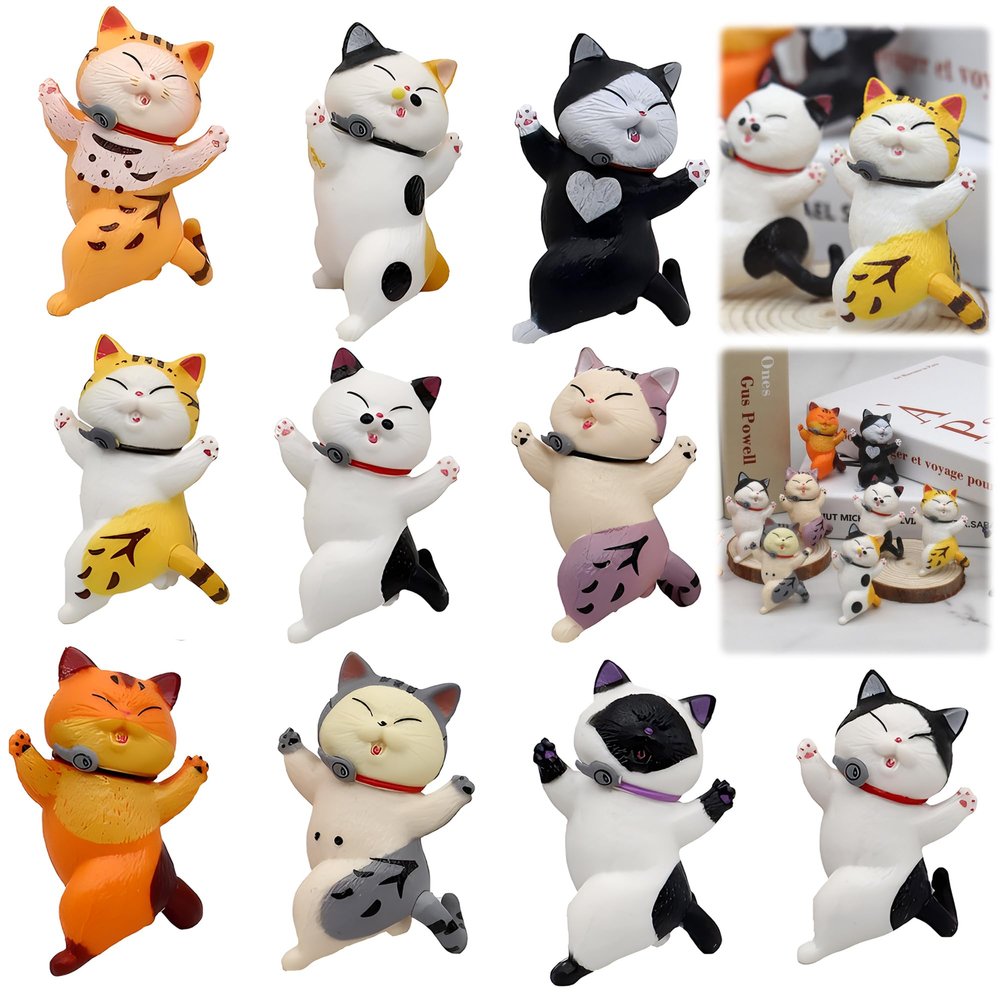 AAGWW Cheer Cat Toy Set, PVC Miniature Figure, Working Figure, Present, Birthday Figure, Set, Cute Cat, Capsule Toy, Accessories, Cat Coffin, Dance, Cheese Cat (Theme: Small Cheer Cat - 10 Pieces)