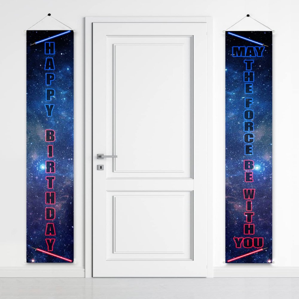 2 Pcs Happy Birthday Porch Decorations - May The Force Be With You And Happy Birthday - Party Door Decoration, Boy's Girl's Birthday Banners, Kid's Birthday Party Supplies