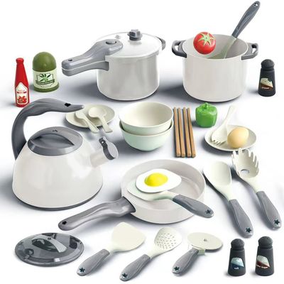Bruvoalon 32Pcs Kids Play Kitchen Toys Set, Toddlers Pretend Cooking Playset Acccessories with Pots Pans, Utensils Cookware, Foods, Canned Veges, Learning Gift for Kids Girls Boys (White)