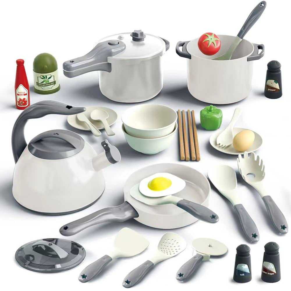 Bruvoalon 32Pcs Kids Play Kitchen Toys Set, Toddlers Pretend Cooking Playset Acccessories with Pots Pans, Utensils Cookware, Foods, Canned Veges, Learning Gift for Kids Girls Boys (White)