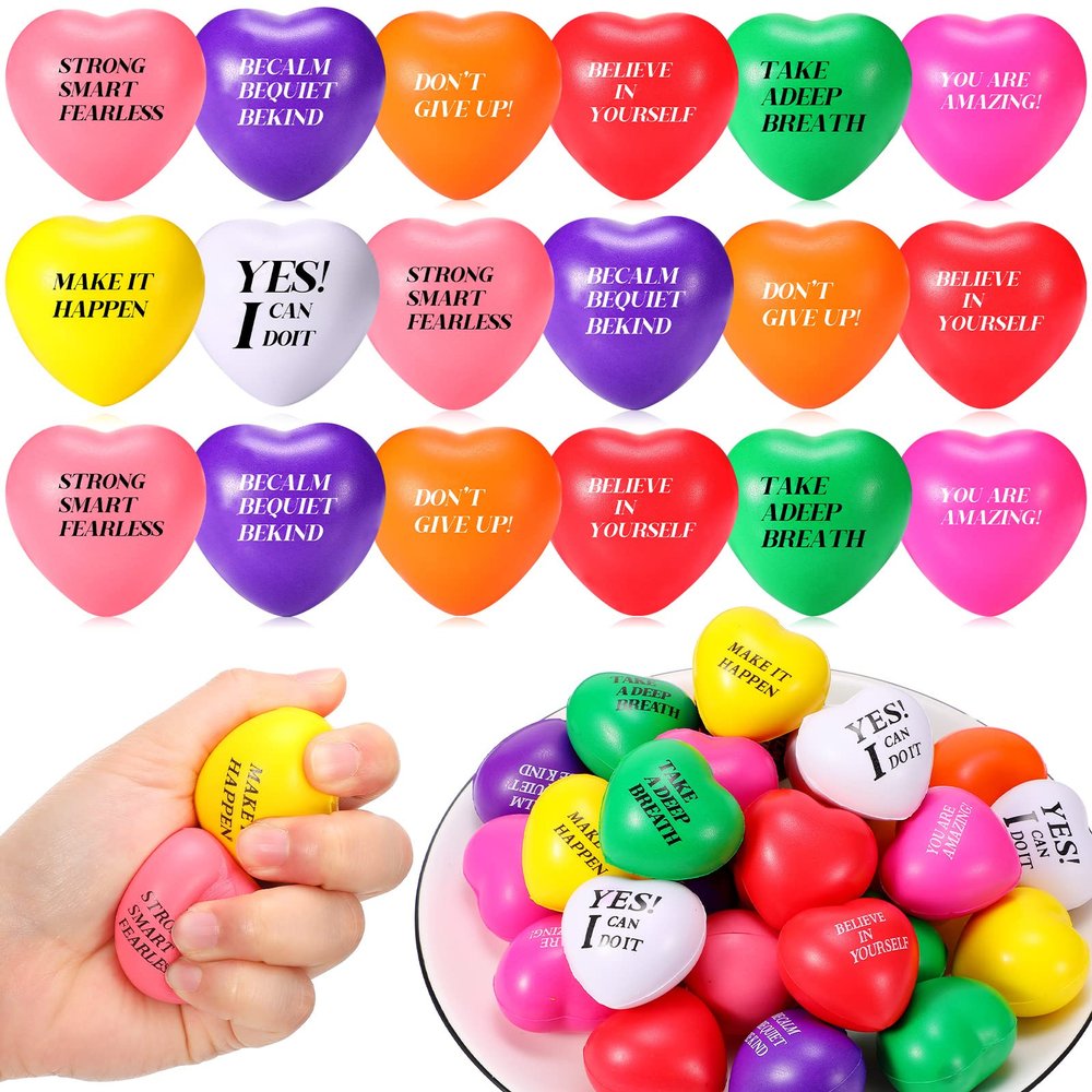 Jerify 48 Pieces Valentine's Day Heart Stress Balls Foam Inspirational Colorful Motivational Stress Balls Quotes Anxiety Relief Toys for Kids Adults Wedding School Carnival Reward (8 Colors)