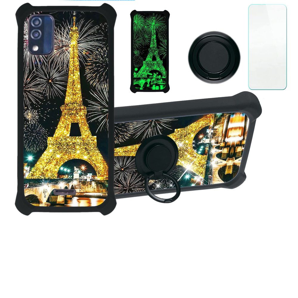 Blu Studio X5 Max 2022 5.7 Inch Case Compatible with Blu Studio X5 Max 2022 5.7 Inch Phone Case Cover [with Tempered Glass Screen Protector][Hard PC + Soft Silicone][Gold Glitter+Luminous] JSH-TT