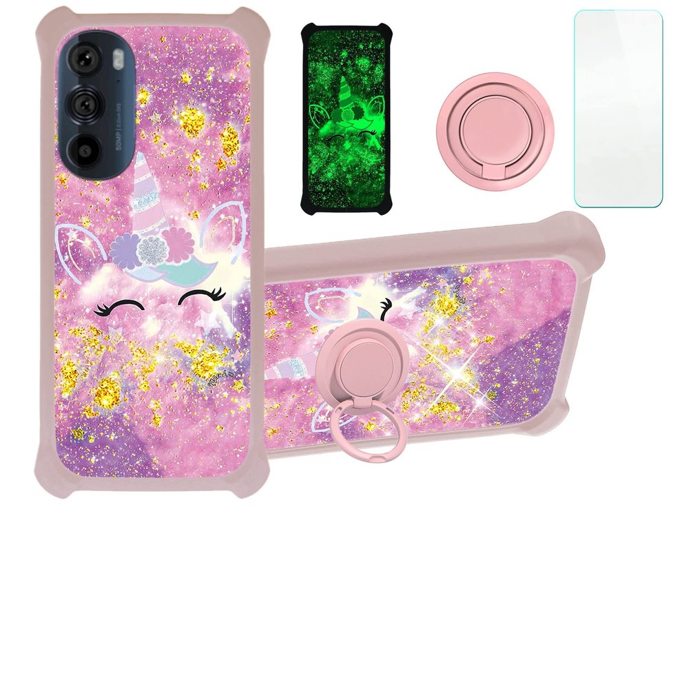 Case for Moto Edge+Plus 2022 Case Compatible with Motorola Moto Edge+Plus 2022 Phone Case Cover [with Tempered Glass Screen Protector][Hard PC + Soft Silicone][Gold Glitter+Luminous] JSF-DJS