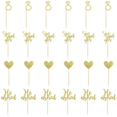 24 Pcs He Asked She Said Yes Cake Topper Gold Cupcake Toppers Heart Diamond Ring Cupcake Picks Glitter Cupcake Decorations for Wedding Engagement Bridal Shower Party Cake Decorations