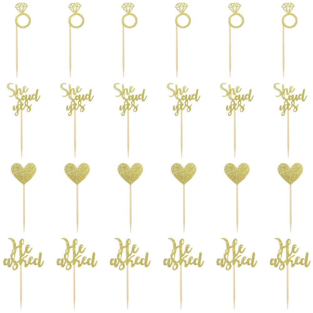 24 Pcs He Asked She Said Yes Cake Topper Gold Cupcake Toppers Heart Diamond Ring Cupcake Picks Glitter Cupcake Decorations for Wedding Engagement Bridal Shower Party Cake Decorations