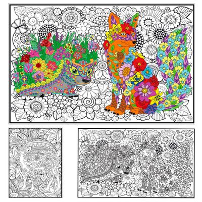 2 Pack Large Coloring Posters - Giant Coloring Poster for Kids and Adults - Animal Fox Hedgehog Deer Huge Book - Big Flower Pages for Office School at Work - Jumbo Sheet for Floor Table Wall Size