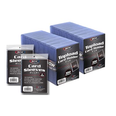 BCW 3x4 Topload Card Holders and Card Sleeves Combo | 200 Clear Plastic Toploaders and 200 Soft Card Sleeves | Protect, Store, and Display Trading Cards | Durable Card Storage Box for Collectors