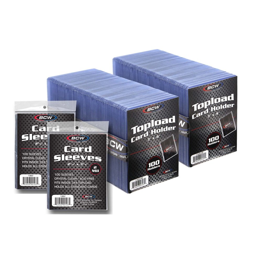 BCW 3x4 Topload Card Holders and Card Sleeves Combo | 200 Clear Plastic Toploaders and 200 Soft Card Sleeves | Protect, Store, and Display Trading Cards | Durable Card Storage Box for Collectors