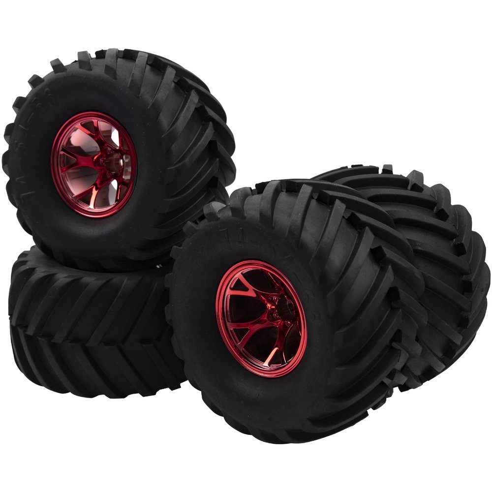 HIRCQOO 5.31''OD Rubber Tires & Wheel Rim 12mm Hex Hub Compatible with Traxxas Rustler HPI HSP Volcano Tamiya Exceed Himoto 1/10 Off-Road Monster Truck,135mmx73mm (Red)