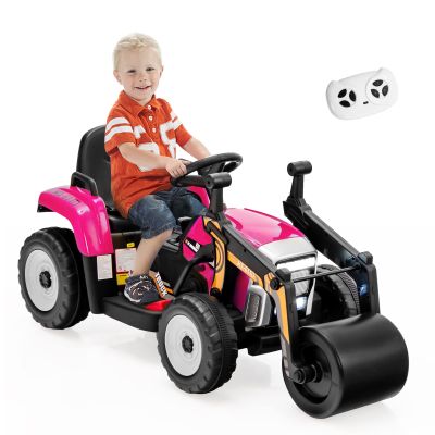 Costzon Ride on Car, 12V Road Roller with Remote Control, Battery Powered Electric Tractor w/Adjustable Drum Roller, LED Lights, Music, USB, Wireless Connection, Electric Car for Kids (Pink)