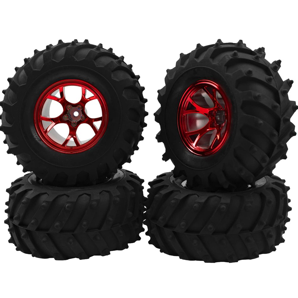 HIRCQOO 4.72''OD Rubber Tires & Wheel Rim 12mm Hex Hub Compatible with RedCat Volcano Traxxas Rustler HPI HSP Tamiya Exceed Himoto 1/10 Off-Road Monster Truck,120mmx56mm (Red)