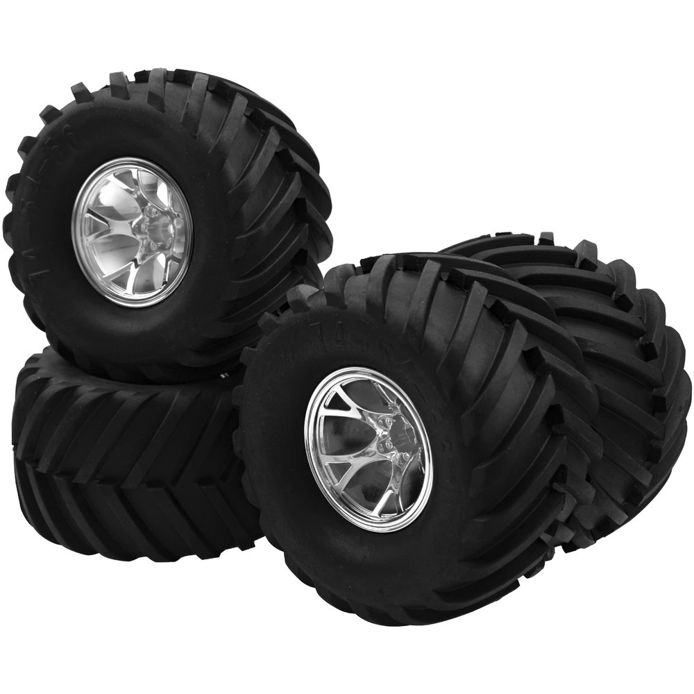 HIRCQOO 5.31''OD Rubber Tires & Wheel Rim 12mm Hex Hub Compatible with Traxxas Rustler HPI HSP Volcano Tamiya Exceed Himoto 1/10 Off-Road Monster Truck,135mmx73mm (Silver)