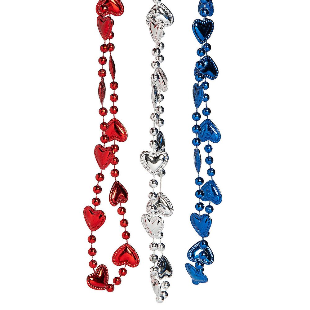 Fun Express Patriotic Metallic Bead Necklaces with Hearts - 24 Pieces