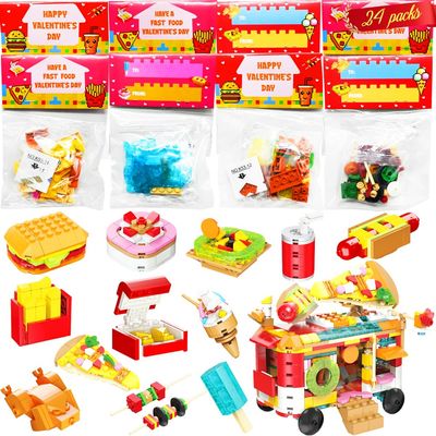 24 Packs Valentines Day Cards with Fast Food Building Blocks, Valentines Food Cars Set for Kids Valentines Day Gifts, Valentines Classroom Exchange, Valentines Party Favors, Valentines Greeting Cards