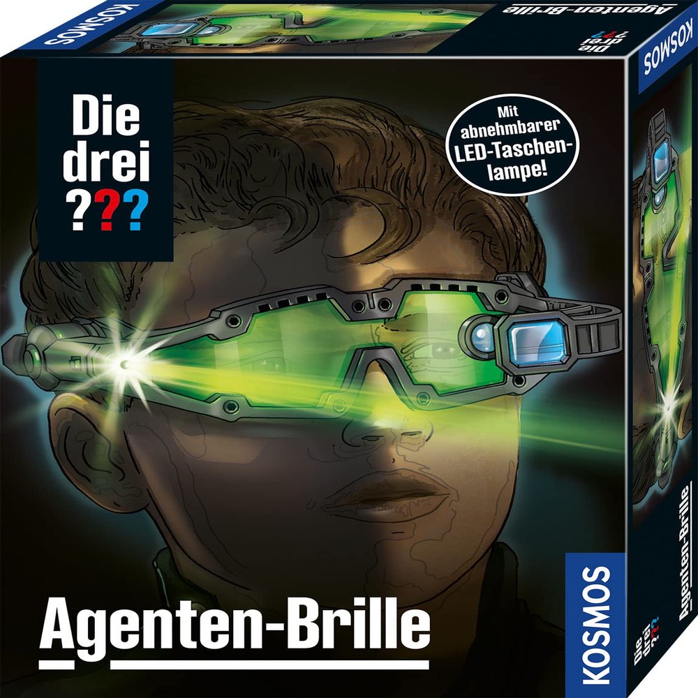 Die drei ??? Kosmos Agent Glasses Built-in Double LED Night Light Up Visor Prefold with Search Lens and Magnifying Lens Detective Toy Role Play
