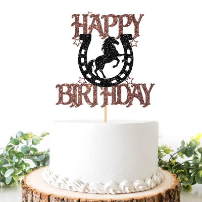 Helewilk Horseshoe & Horse Happy Birthday Cake Topper, Horse Racing Theme Party Decoration for Boys Girls Men Women, Kids Birthday Party Decoration Supplies