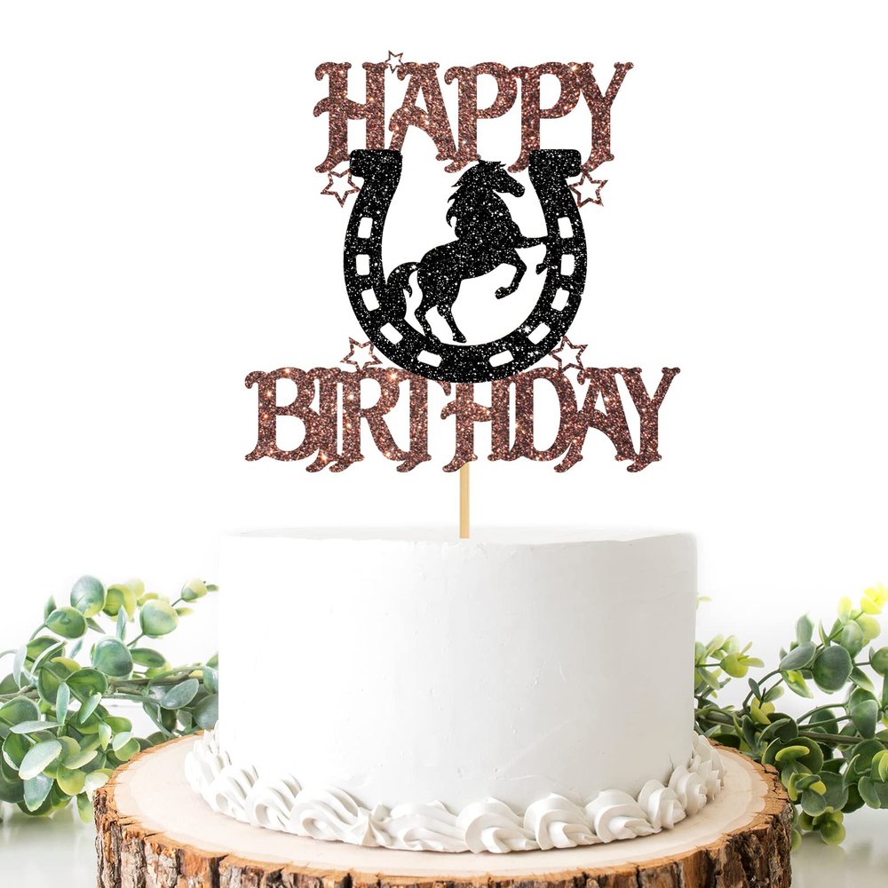 Helewilk Horseshoe & Horse Happy Birthday Cake Topper, Horse Racing Theme Party Decoration for Boys Girls Men Women, Kids Birthday Party Decoration Supplies