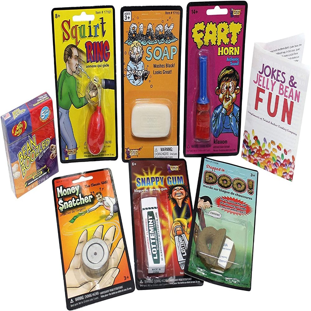 Practical Joke Gifts 7 Pc Stocking Stuffers for Kids w Joke Jelly Beans, Gag Gifts, Jokes & Free Brochure, Comes in Gift Box