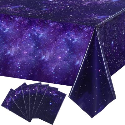 Tatuo 6 Pack Galaxy Plastic Table Cover Space Tablecloth Space Star Purple Nebula Rectangle Tablecloth Disposable Starry Night Sky Tablecover for Birthday Home Party Decorations, 54 x 108 Inch