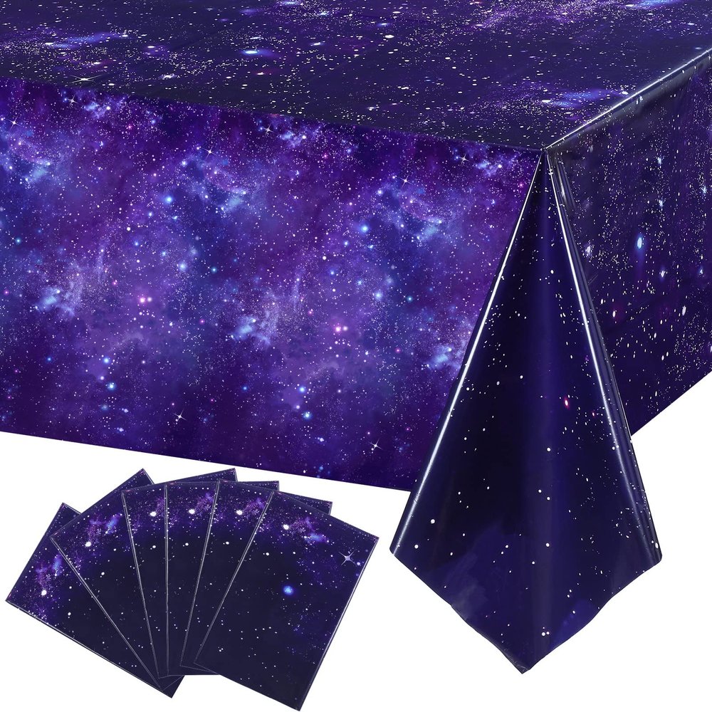 Tatuo 6 Pack Galaxy Plastic Table Cover Space Tablecloth Space Star Purple Nebula Rectangle Tablecloth Disposable Starry Night Sky Tablecover for Birthday Home Party Decorations, 54 x 108 Inch
