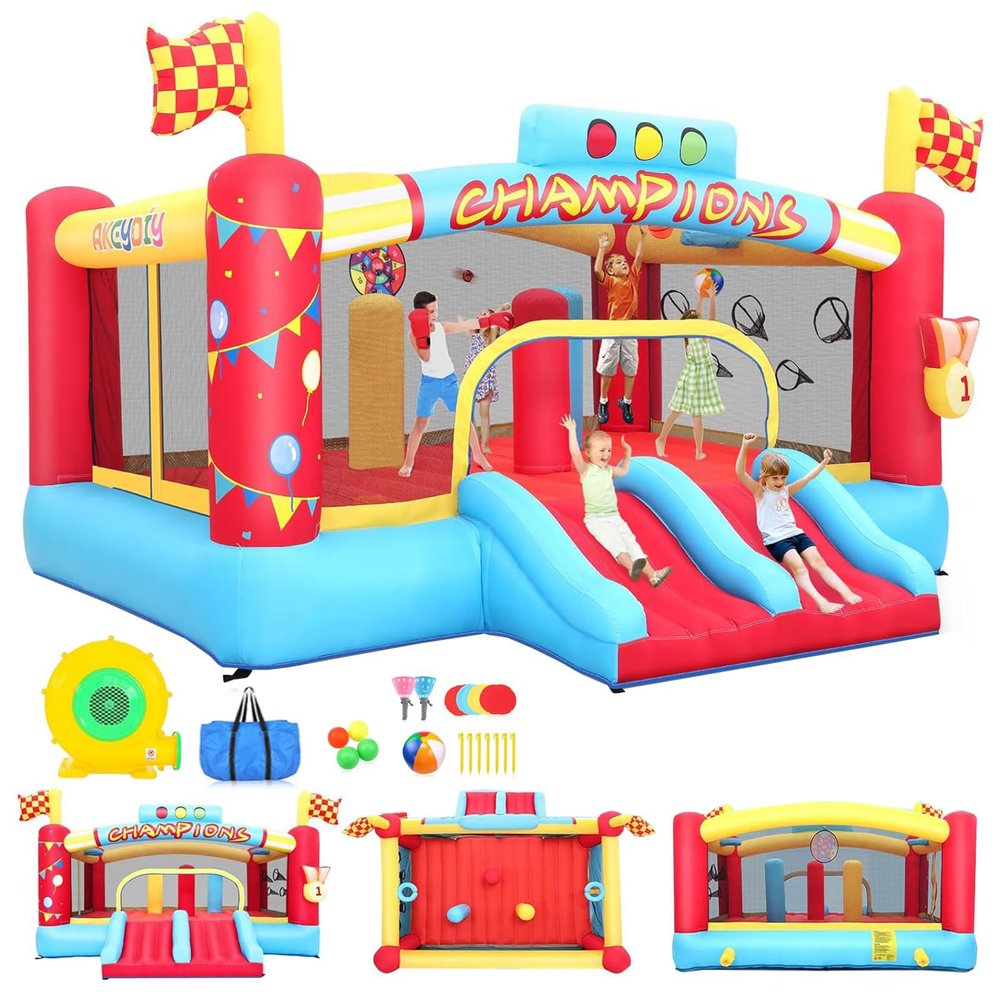 AKEYDIY Inflatable Bounce House for Big Kids 8-12 & Kids 3-6, Sports Park Bouncy Castle with Dual Slides, Obstacle,Tunnel,Volleyball Net, 157.5x133.9x90.5inch Bounce House with Blower Indoor Outdoor
