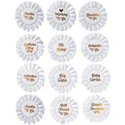 Gold & White Baby Shower Badges - 12 Pieces