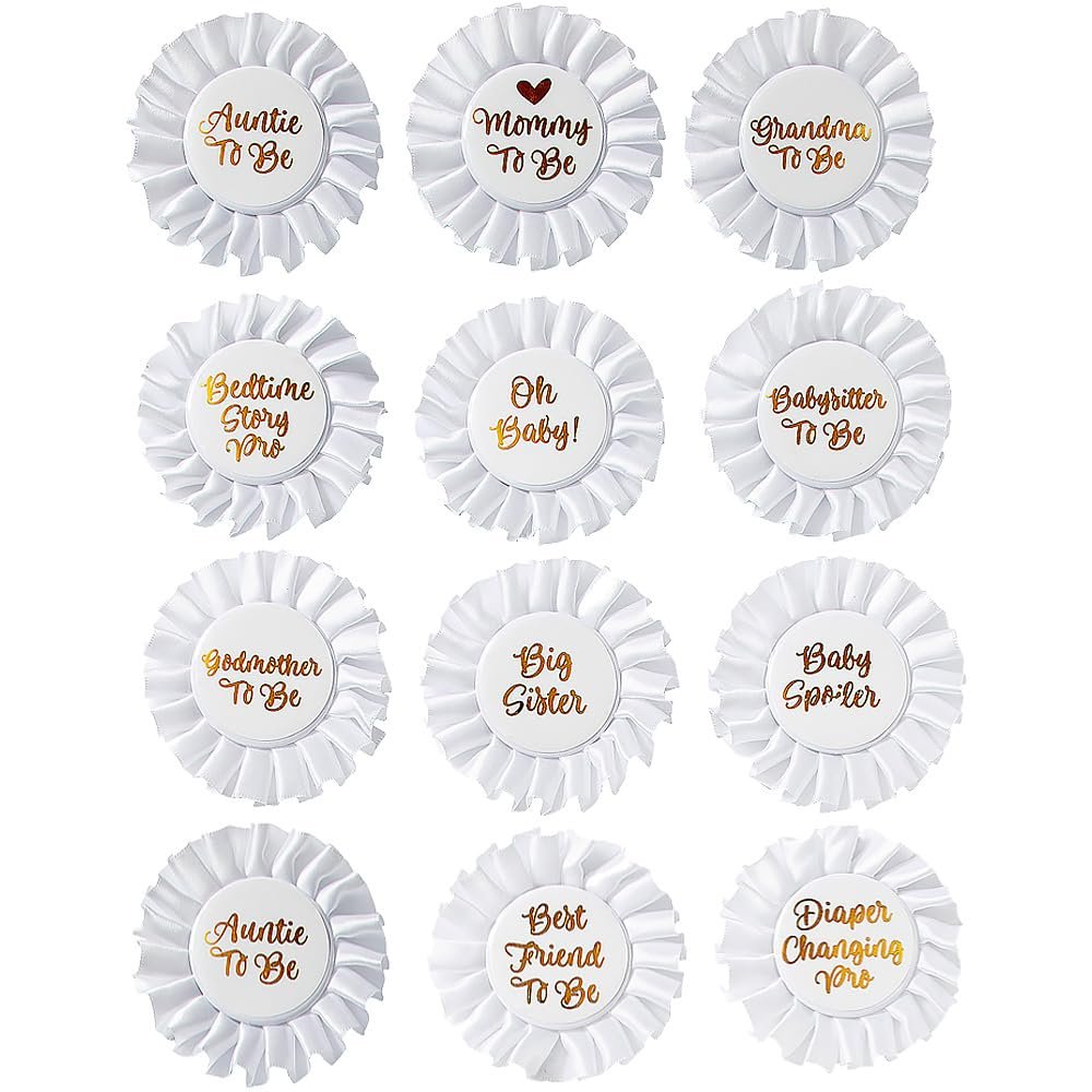 Gold & White Baby Shower Badges - 12 Pieces