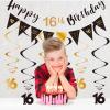 16th Birthday Decoration Kit, Happy 16th Birthday Banner Bunting Swirls Streamers, Triangle Flag Banner for Birthday Party Decorations Supplies Black and Gold 16th view 4