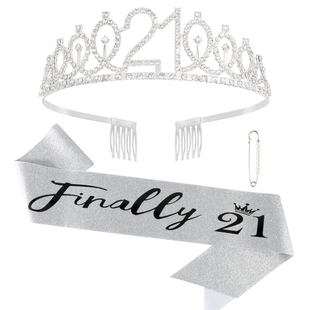 Finally 21 '21st Birthday' Rhinestone Tiara & Sash Set - Silver Party Supplies