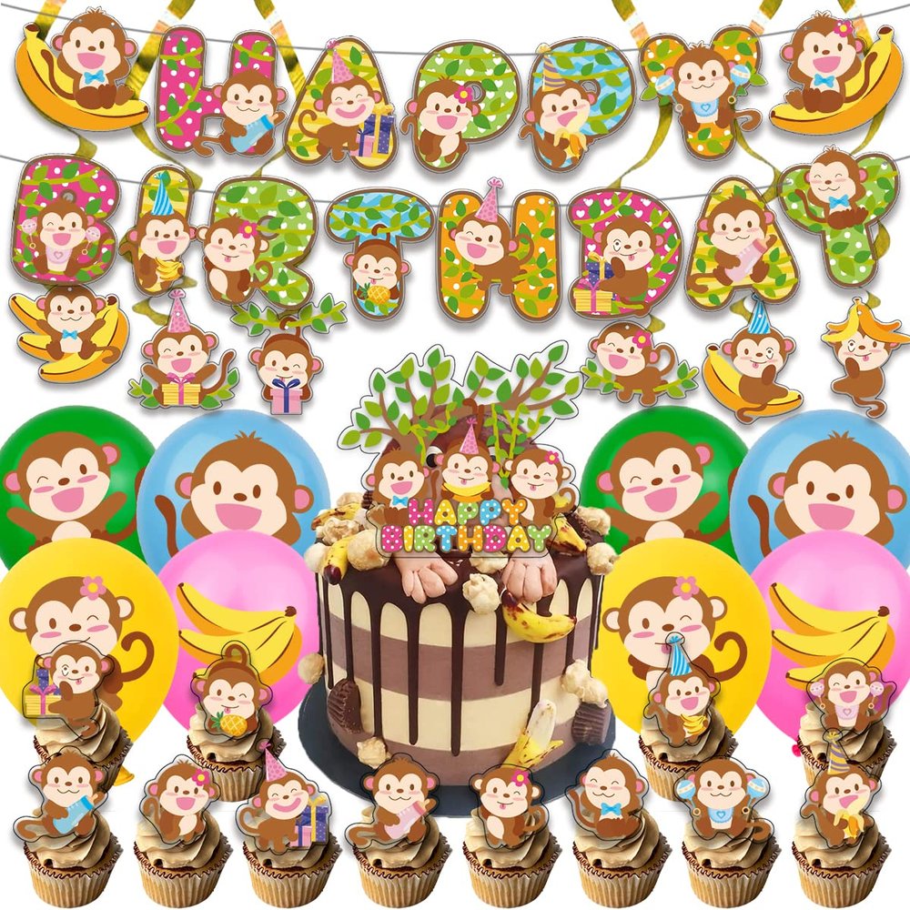 ADIANZI Monkey Birthday Party Decorations Monkey Birthday Banner Hangings Cake Topper Cupcake Toppers Ballons Monkey Themem Party