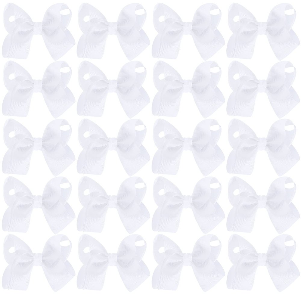 20Pcs 4" Hair Bows,Grosgrain Ribbon Solid Color Hair Bow with Alligator Clips,Hand-made Toddler White Bows Hair Accessories for Girls Kids Children Little Teen (White)