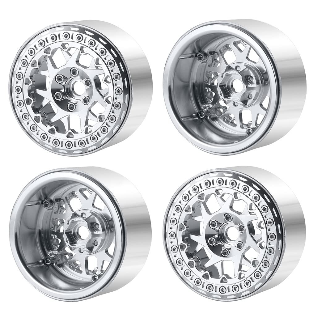 RCLIONS 2.2" Beadlock Wheels 35mm RC Car Aluminum Rims for AXIAL Wraith RR10 TRX4 1/10th RC Crawler Truck Car (Silver)