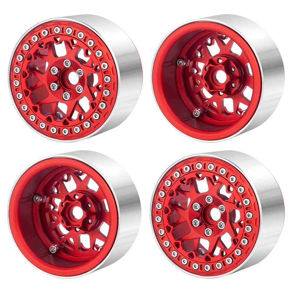RCLIONS 2.2" Beadlock Wheels 35mm RC Car Aluminum Rims for AXIAL Wraith RR10 TRX4 1/10th RC Crawler Truck Car (Red)