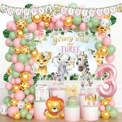 Fiesec Young Wild and Three Decorations Girl, Jungle Safari Animal Theme 3rd Party Decorations Backdrop Balloons Banner Cake Cupcake Topper Poster Crown Lion Cheetah Giraffe Pink 117 PCs
