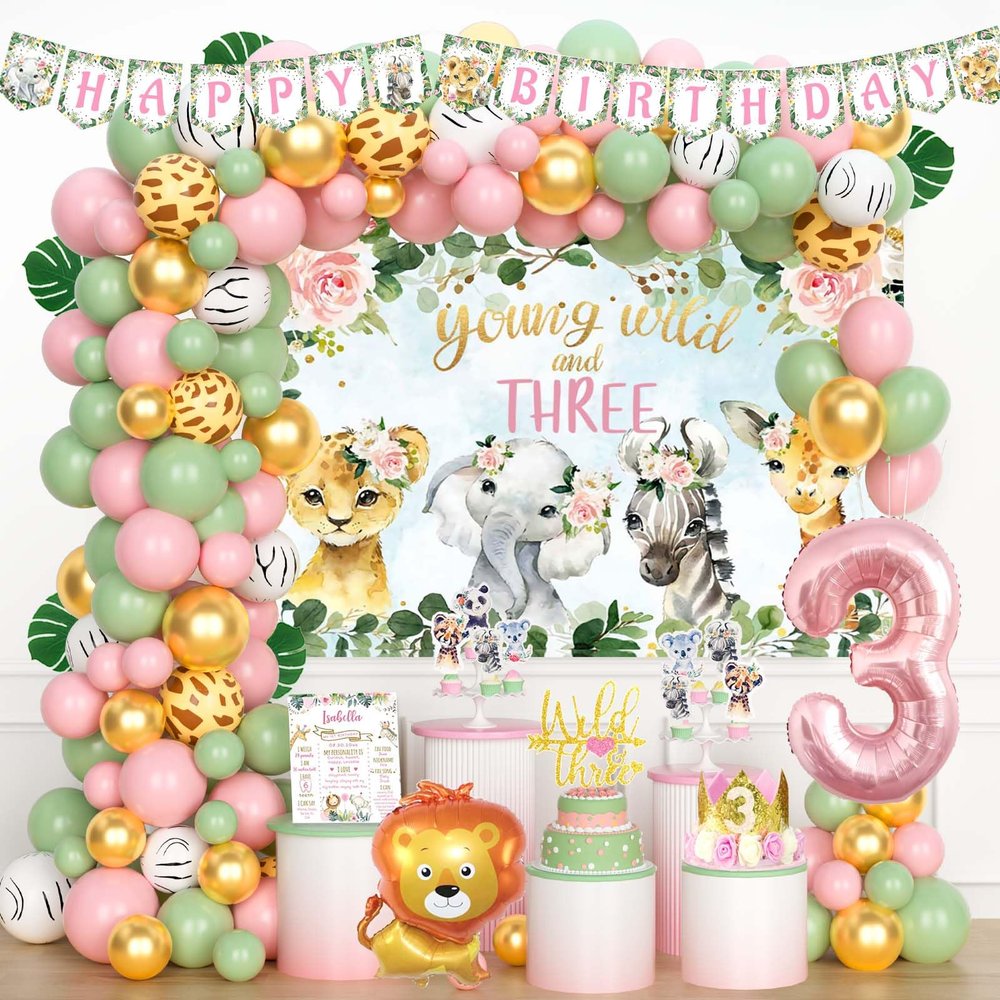 Fiesec Young Wild and Three Decorations Girl, Jungle Safari Animal Theme 3rd Party Decorations Backdrop Balloons Banner Cake Cupcake Topper Poster Crown Lion Cheetah Giraffe Pink 117 PCs