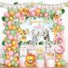 Fiesec Young Wild and Three Decorations Girl, Jungle Safari Animal Theme 3rd Party Decorations Backdrop Balloons Banner Cake Cupcake Topper Poster Crown Lion Cheetah Giraffe Pink 117 PCs view 1