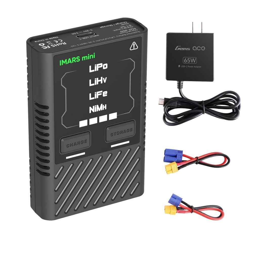 Gens ace Imars Mini G-Tech Series 60W Lipo Battery Charger with a 65W Type-C PD Adapter for LiPo/Life/LiHV 2-4S, NiMH 2-12S