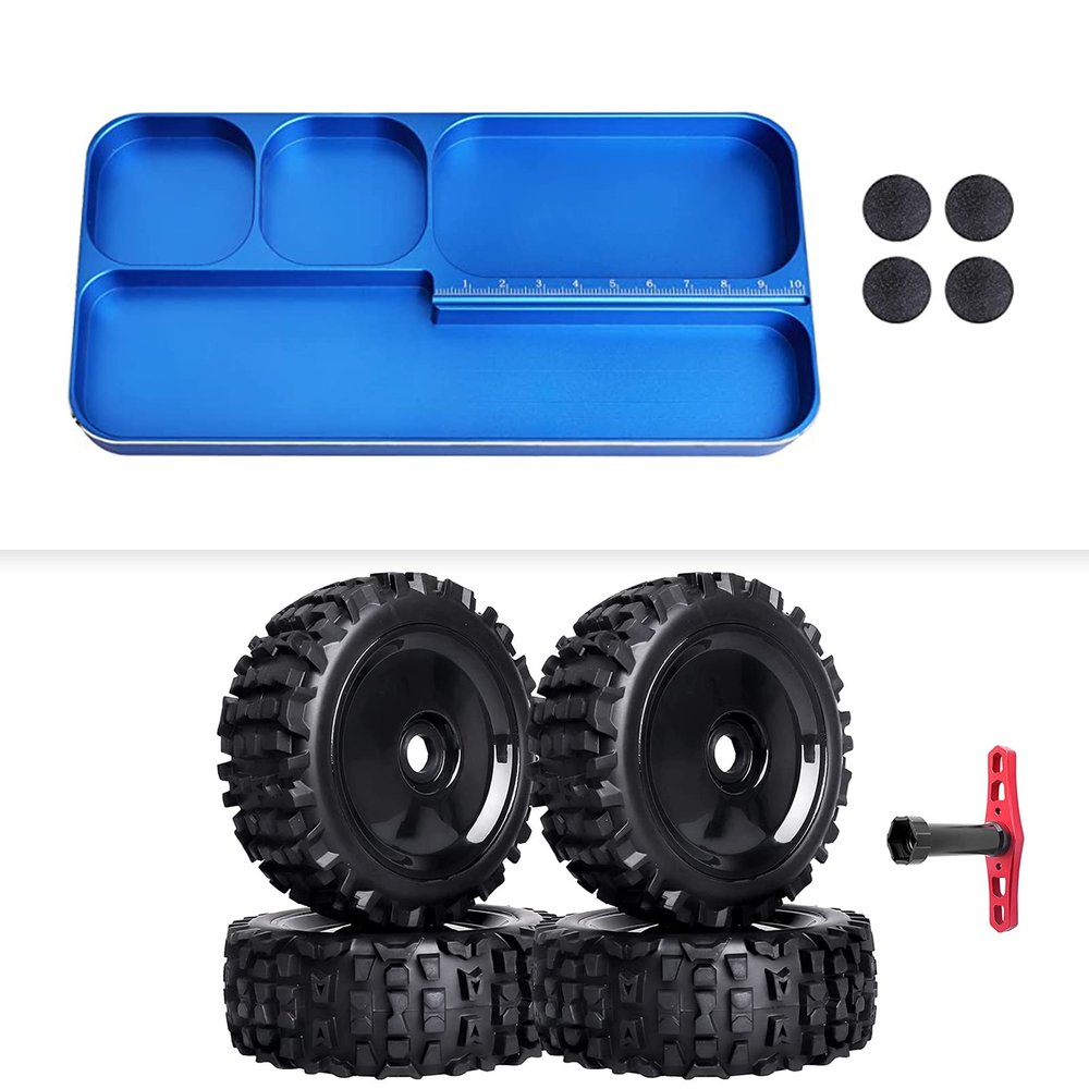 1/8 RC Buggy Tires and 17mm Hex Wheels Preglued & RC Screw Tray with Scale Aluminum for Arrma Typhon 3S 6S Talion 6S Senton 6S