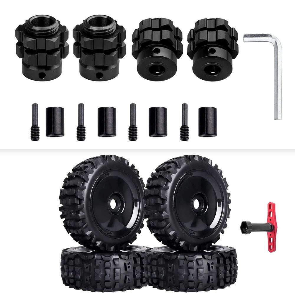 1/8 RC Buggy Tires and 17mm Hex Wheels Preglued & 17mm Splined Wheel Hubs (Black) for Arrma Typhon 3S 6S Talion 6S Senton 6S